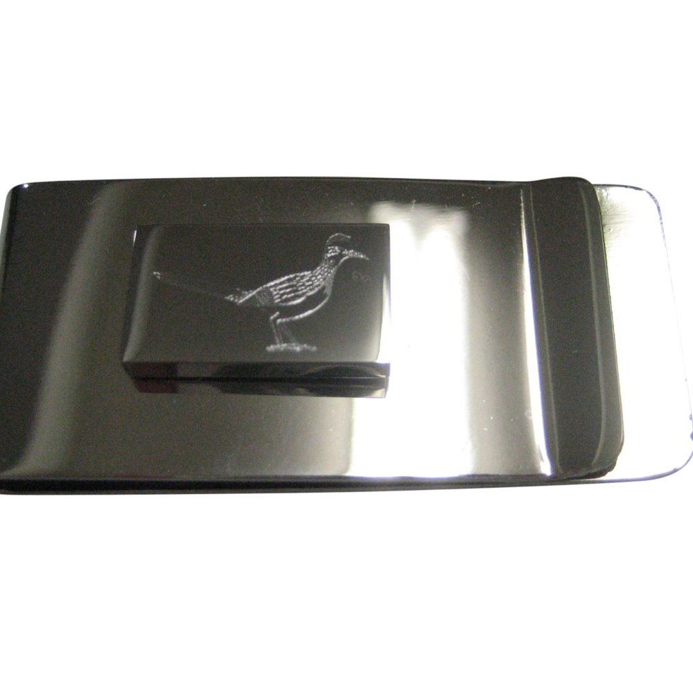 Silver Toned Rectangular Etched Roadrunner Bird Money Clip